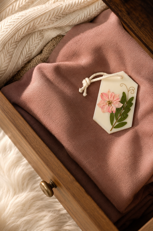 A folded dusty rose fabric inside a wooden drawer, with a cream wax sachet with a pink flower and green leaves tied to it. A cream and white knit blanket and are visible around it.