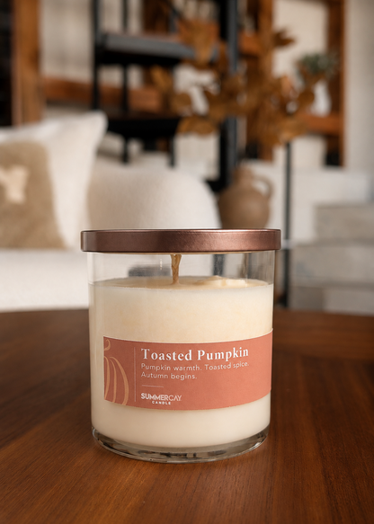 Toasted Pumpkin scented candle in a clear glass vessel with a bronze lid sitting on a wooden table in a living room setting.