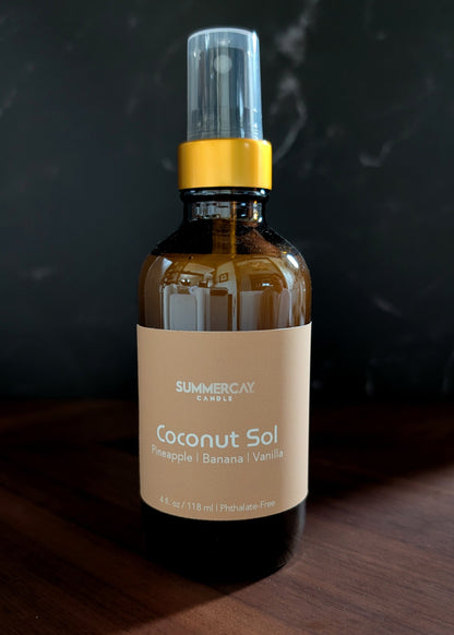 Bottle of 'Coconut Sol' on a wooden surface with a dark background