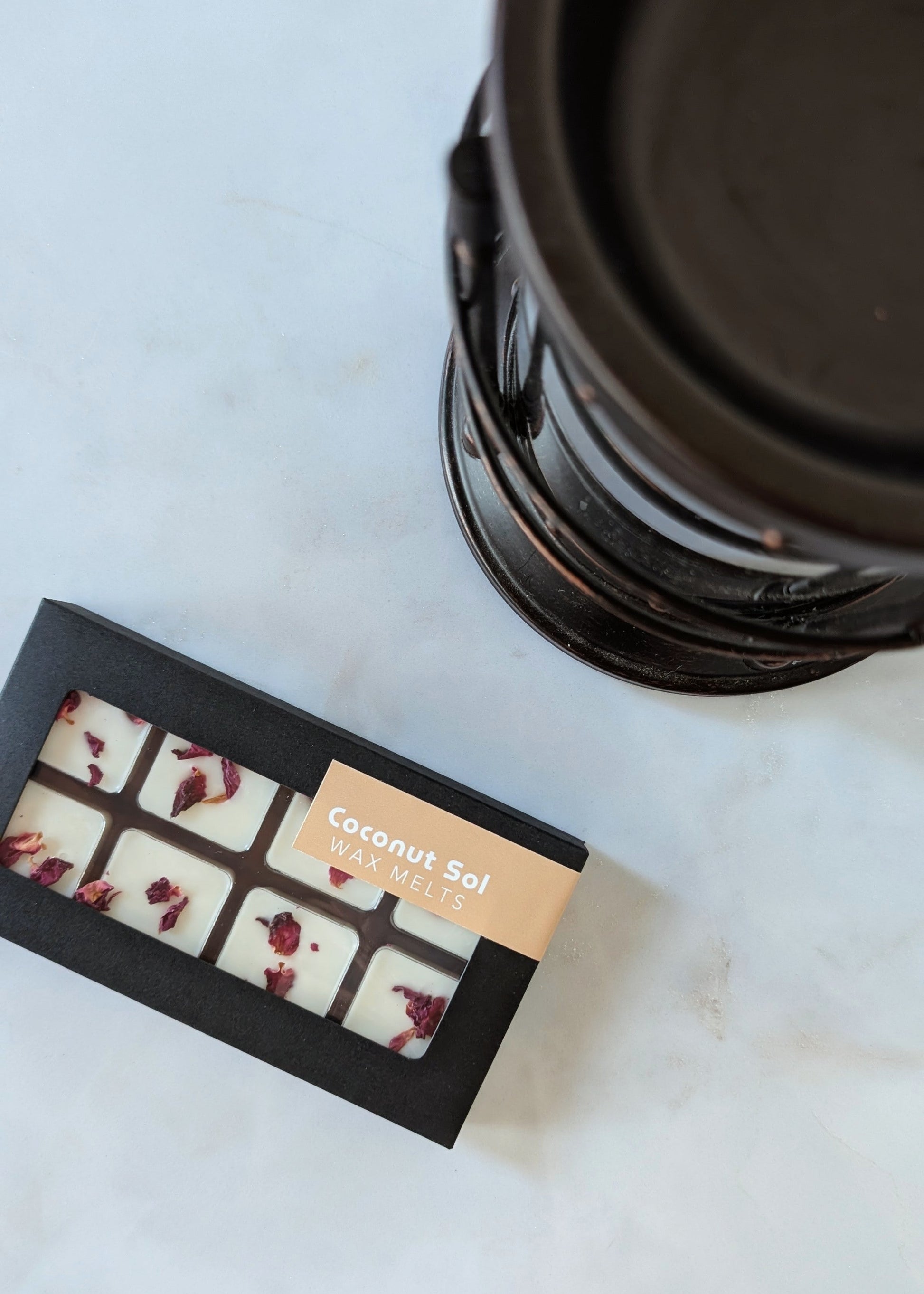 Box of Coconut Sol wax melts next to a wax melter.