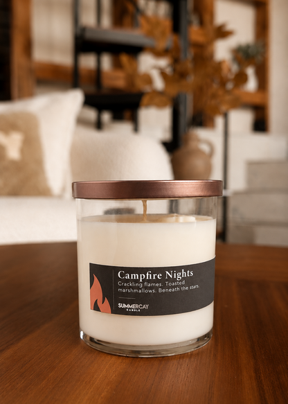 Campfire Nights candle in a clear glass with a bronze lid sitting on a wooden table with a blurred living room background.