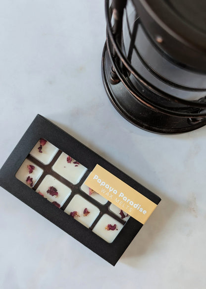 Box of Papaya Paradise wax melts next to a wax melter