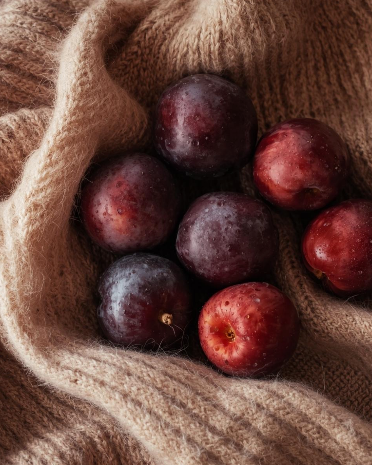 plums on a cashmere sweater